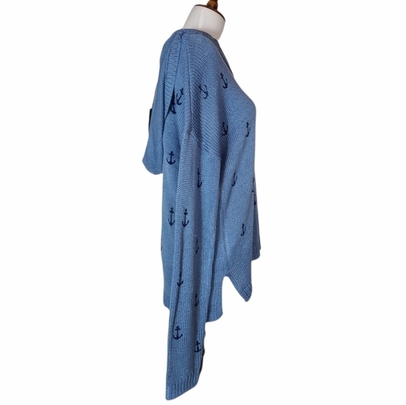Marled Anchor Blue V-Neck Hooded Sweater Small Cozy Knit Pullover NWT - Picture 4 of 8